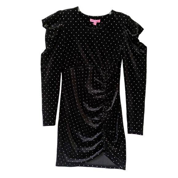 Betsey Johnson Power Shoulder Black Velvet Dress Metallic Silver Polk Dot Size M - Picture 3 of 15